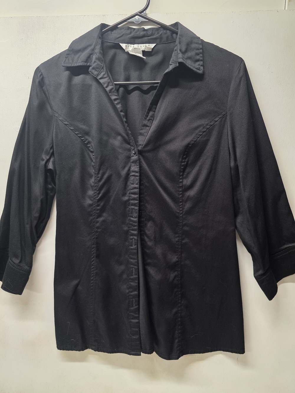 Fred David Stretch Women’s Black Button Front Blouse 3/4 Sleeve Size M